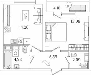 ЖК «Лайнеръ», планировка 1-комнатной квартиры, 41.33 м²
