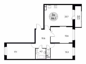 ЖК «Солнечная долина» (Щелково), планировка 3-комнатной квартиры, 87.50 м²