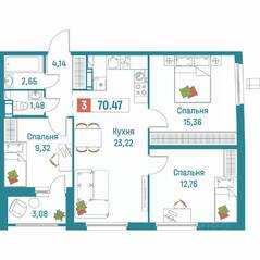 ЖК «Графика», планировка 3-комнатной квартиры, 70.47 м²