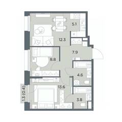 ЖК «Станиславский», планировка 3-комнатной квартиры, 56.50 м²