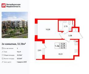МЖК «Универ Сити», планировка 1-комнатной квартиры, 32.38 м²