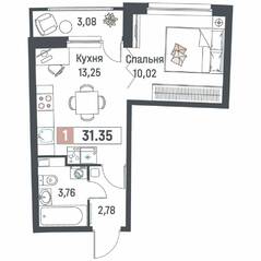 ЖК «Авиатор» (Девяткино), планировка 1-комнатной квартиры, 31.35 м²