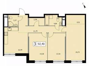 ЖК «Self», планировка 3-комнатной квартиры, 92.40 м²