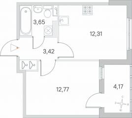 МЖК «Любоград», планировка 1-комнатной квартиры, 34.24 м²