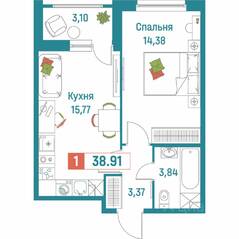ЖК «Графика», планировка 1-комнатной квартиры, 38.91 м²