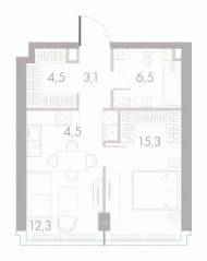 ЖК «River Park Towers Кутузовский», планировка 1-комнатной квартиры, 45.40 м²