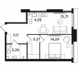 ЖК «Solos», планировка 1-комнатной квартиры, 49.52 м²