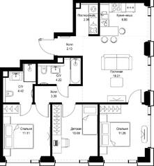 ЖК «SET», планировка 3-комнатной квартиры, 75.18 м²