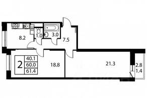 ЖК «Космос», планировка 2-комнатной квартиры, 61.40 м²