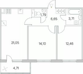 ЖК «Югтаун. Олимпийские кварталы», планировка 2-комнатной квартиры, 61.17 м²