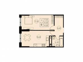 ЖК «7 небо», планировка 1-комнатной квартиры, 44.60 м²