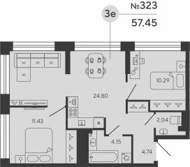 ЖК «Bashni Element», планировка 1-комнатной квартиры, 44.44 м²
