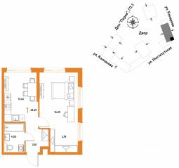 ЖК «Страна.Парковая», планировка 1-комнатной квартиры, 43.69 м²