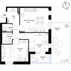МЖК «Экография», планировка 2-комнатной квартиры, 57.70 м²
