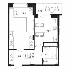 ЖК «Времена года», планировка 1-комнатной квартиры, 40.93 м²