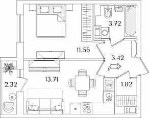 ЖК «Кинопарк», планировка 1-комнатной квартиры, 35.39 м²