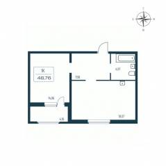 ЖК «Расцветай в Янино», планировка 1-комнатной квартиры, 47.80 м²