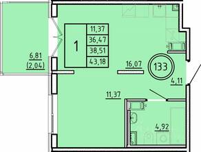 МЖК «Образцовый квартал 16», планировка 1-комнатной квартиры, 36.47 м²