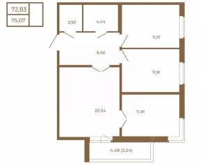 МЖК «Новая история», планировка 3-комнатной квартиры, 75.07 м²