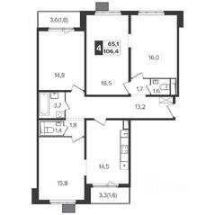 ЖК «Южная Битца», планировка 4-комнатной квартиры, 106.10 м²