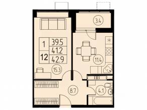 ЖК «River Park», планировка 1-комнатной квартиры, 41.20 м²