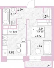ЖК «Столичный», планировка 1-комнатной квартиры, 32.40 м²