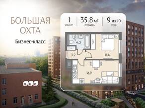 ЖК «ЛСР. Большая Охта», планировка 1-комнатной квартиры, 35.80 м²
