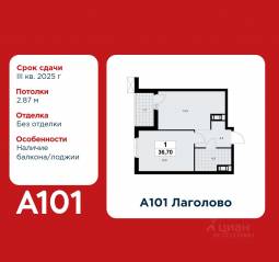 ЖК «А101 Лаголово», планировка 1-комнатной квартиры, 36.70 м²