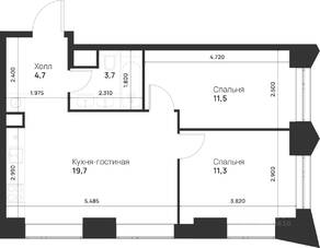 ЖК «Voice Towers», планировка 2-комнатной квартиры, 50.90 м²