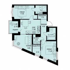 ЖК «ID Murino III», планировка 3-комнатной квартиры, 66.58 м²