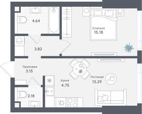 ЖК «Солос», планировка 1-комнатной квартиры, 47.01 м²