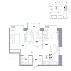 ЖК «Страна.Заречная», планировка 3-комнатной квартиры, 56.70 м²