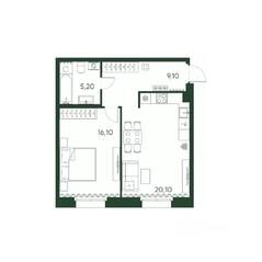 ЖК «Моисеенко, 10», планировка 1-комнатной квартиры, 50.50 м²