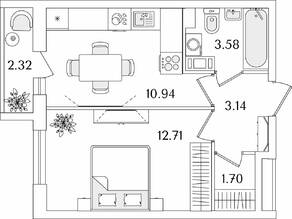 ЖК «Кинопарк», планировка 1-комнатной квартиры, 33.23 м²