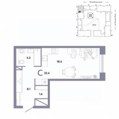 ЖК «Страна.Заречная», планировка студии, 32.40 м²