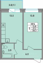 ЖК «Удача», планировка 1-комнатной квартиры, 38.30 м²