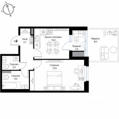 МЖК «Экография», планировка 1-комнатной квартиры, 42.90 м²