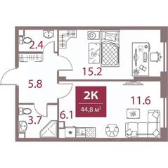 ЖК «Legacy», планировка 2-комнатной квартиры, 44.80 м²