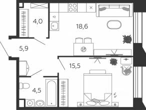 ЖК «Жилой квартал Shagal», планировка 1-комнатной квартиры, 48.50 м²