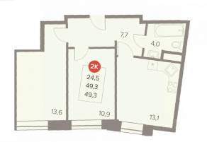 ЖК «Отлично», планировка 2-комнатной квартиры, 49.30 м²