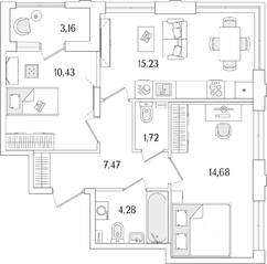 ЖК «Гранат», планировка 2-комнатной квартиры, 55.39 м²