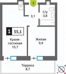 ЖК «Лесная Отрада», планировка 1-комнатной квартиры, 35.10 м²