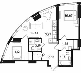 ЖК «Solos», планировка 2-комнатной квартиры, 70.07 м²