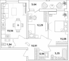 ЖК «Cube», планировка 2-комнатной квартиры, 69.50 м²