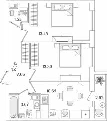 ЖК «Кинопарк», планировка 2-комнатной квартиры, 49.99 м²