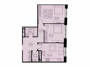 ЖК «7 небо», планировка 3-комнатной квартиры, 61.60 м²
