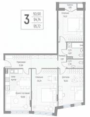 МЖК «Эльйон», планировка 3-комнатной квартиры, 95.40 м²