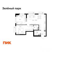ЖК «Зеленый парк», планировка 2-комнатной квартиры, 61.90 м²