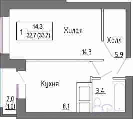 МЖК «Новое Замитино», планировка 1-комнатной квартиры, 33.20 м²