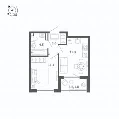 МЖК «Пулковский дом», планировка 1-комнатной квартиры, 34.40 м²